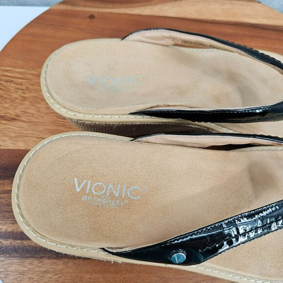 Vionic Grenada Wedge Thong Sandals 10 Black Patent Leather Woven Tan Orthopedic - Picture 3 of 14